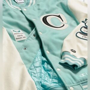 Champion Men's Varsity Bomber Jacket - Tiffany Blue and Cream Leather - Sold Out